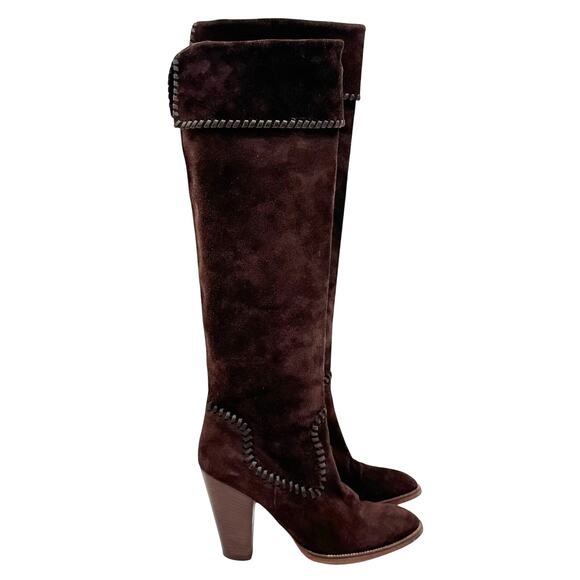Michael Kors Neptune Suede Chocolate Whipstitch Pull On Western Knee Boots 7.5 - Picture 1 of 8